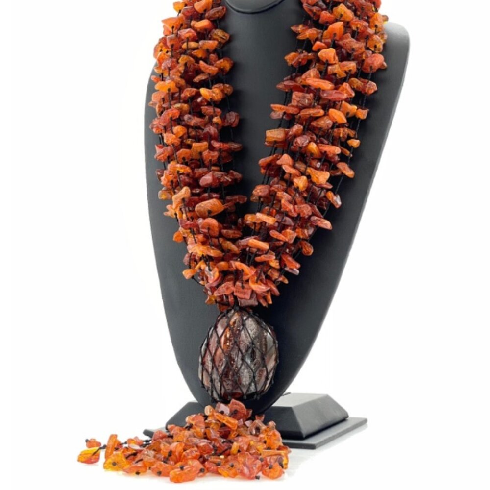 Huge Statement 20 Strand AMBER Chip & Stone Necklace Estate Jewelry J846